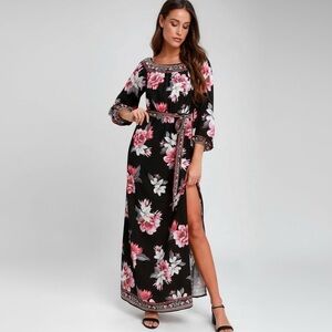 LULU’S | Long Vacation Black Floral Print Off-the-Shoulder Maxi Dress